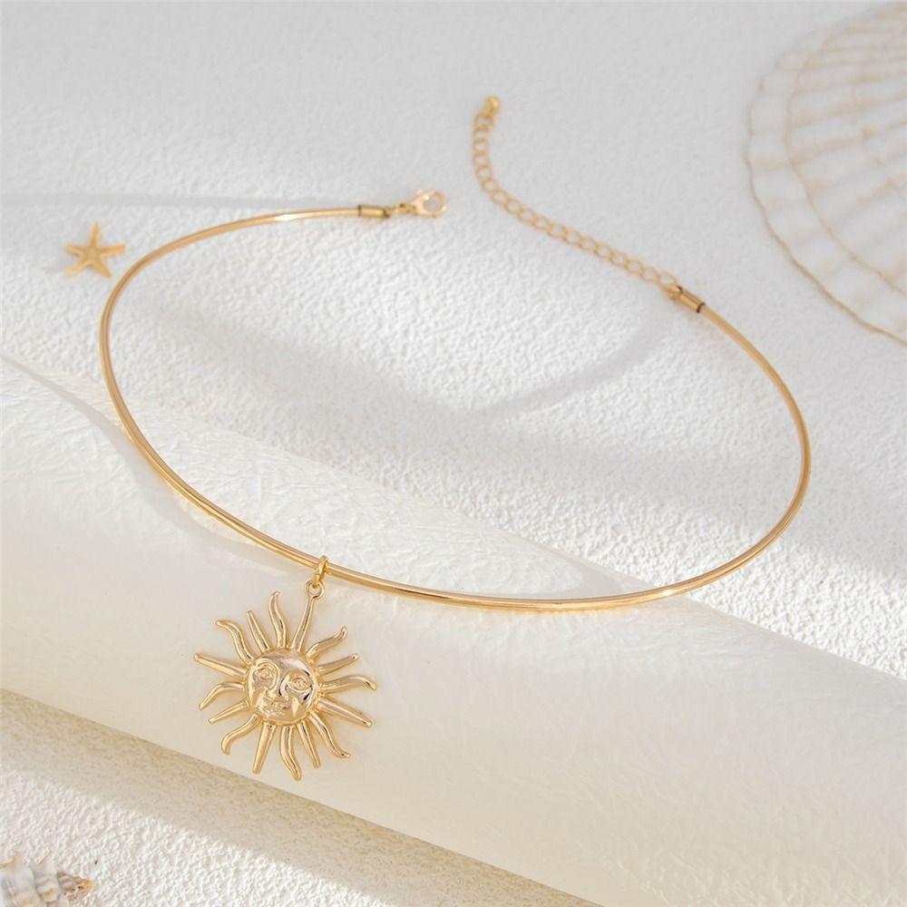 Gold Metal Thin Choker Adjustable Summer Necklace Fashion Sun Pendant Neck Chain  for Women