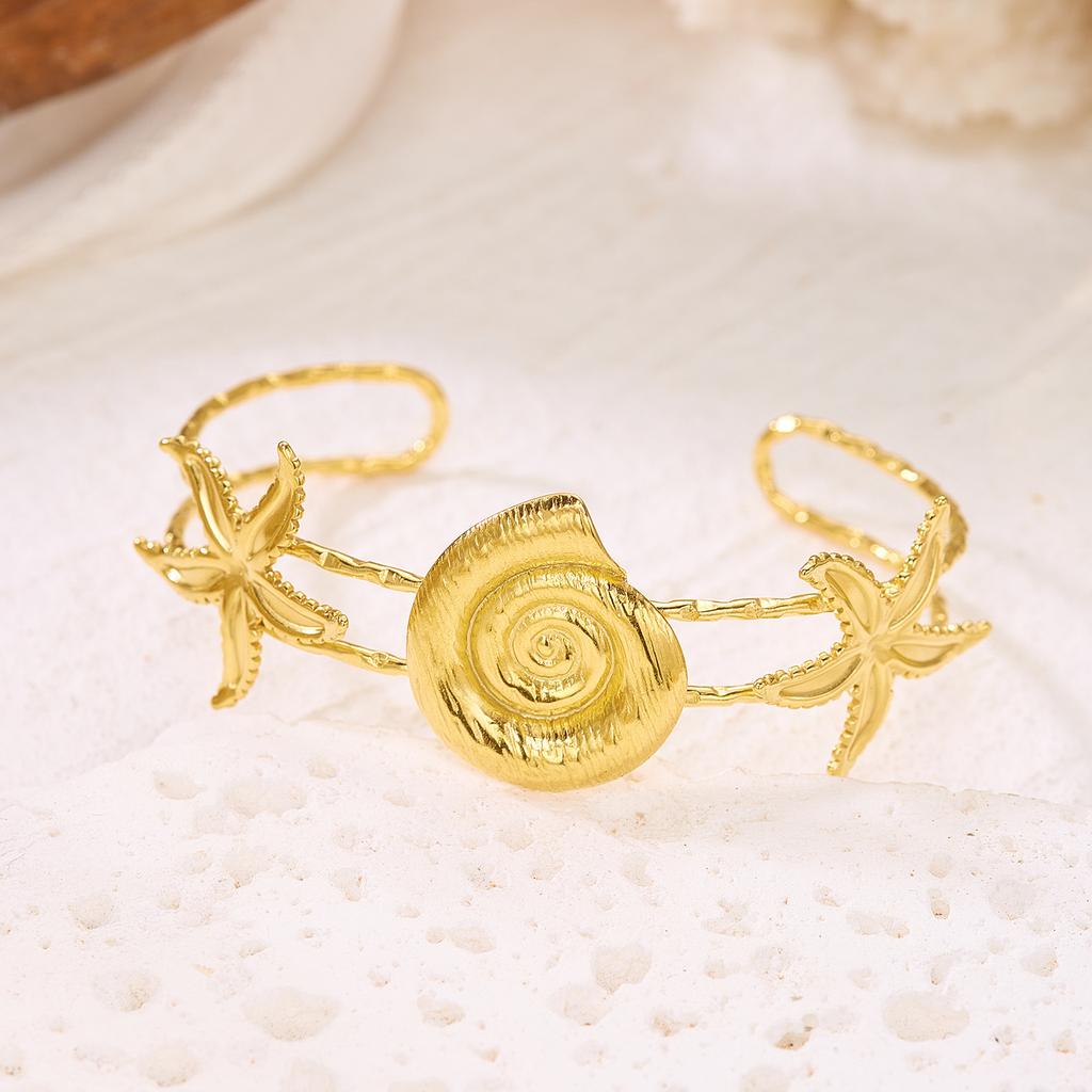 Bohemian Stainless Steel Shell Starfish Cuff Bracelet for Women Fashion Sun Conch Spiral Adjustable Bangle Party Jewelry Gift