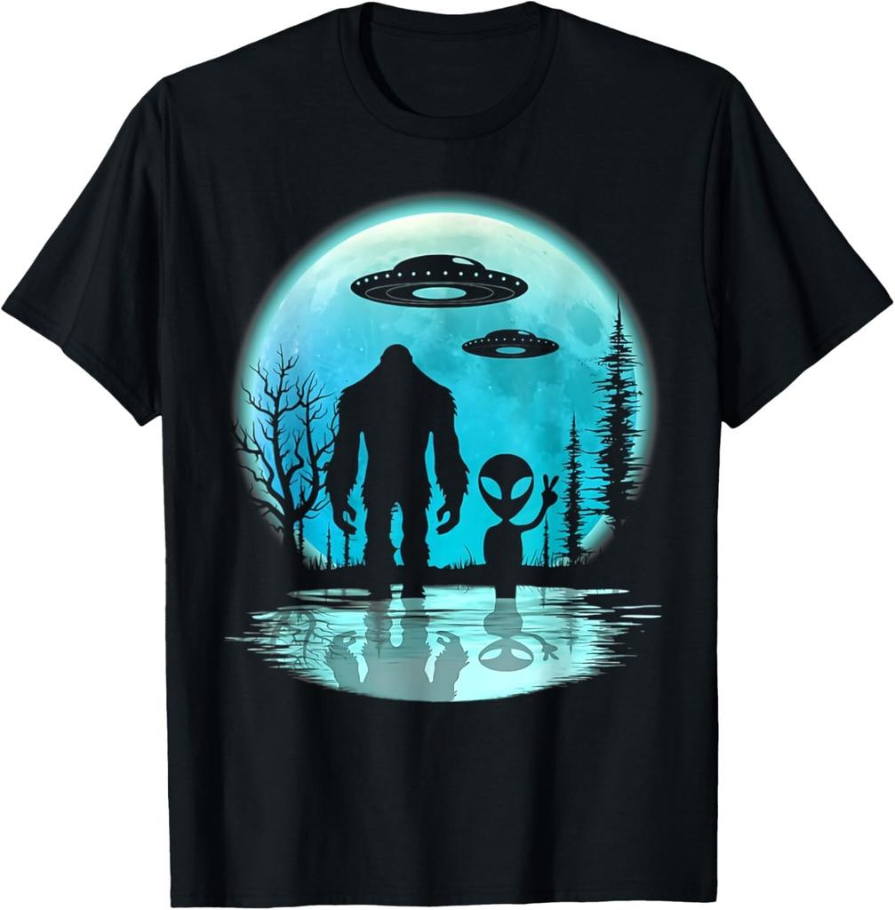 Alien And Bigfoot Moon Tee Gift Unisex T-Shirt