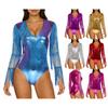 Damen Glänzender Metallischer Club Body Stufig Pailletten Quasten Netz Langarm Tanz Jumpsuit