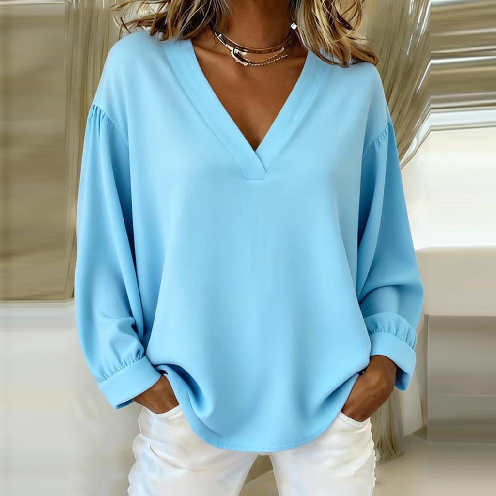 Women's Fashionable Casual Oversized V,Neck Long,Sleeve Pullover T,Shirt Top