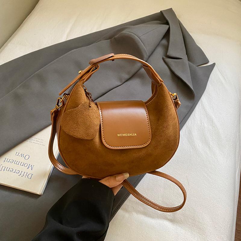 Vintage Crescent Mo Shape Shoulder Bag Fashi Casual Small Handbag With Suede & Leather Patchwork Women Commute Crossbody Bag