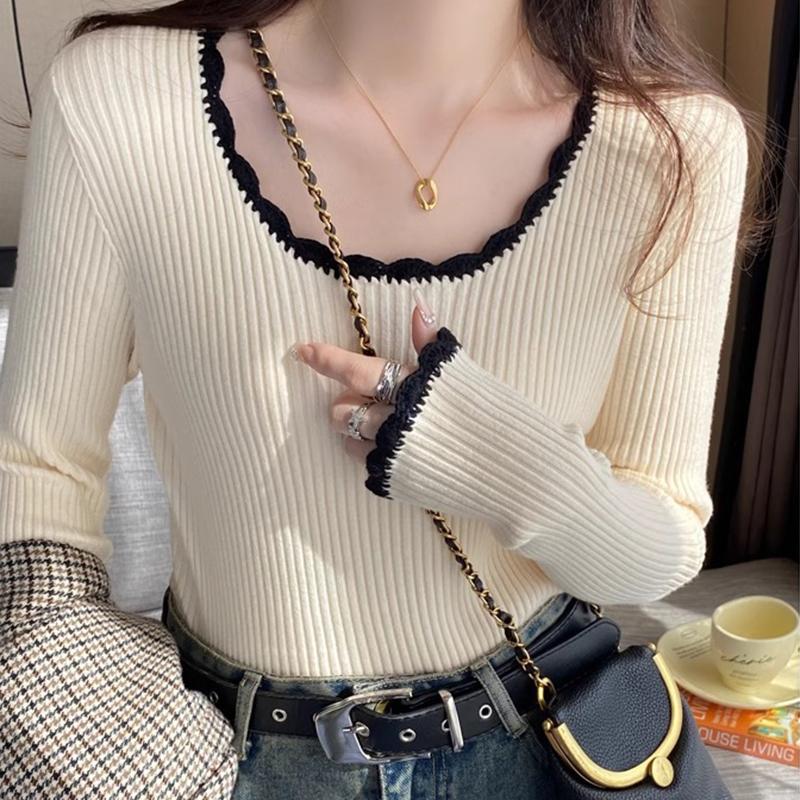 Ladies Autumn Winter Long Sleeve U Collar Color Matching Basic Pullover Knitted T Shirt Top