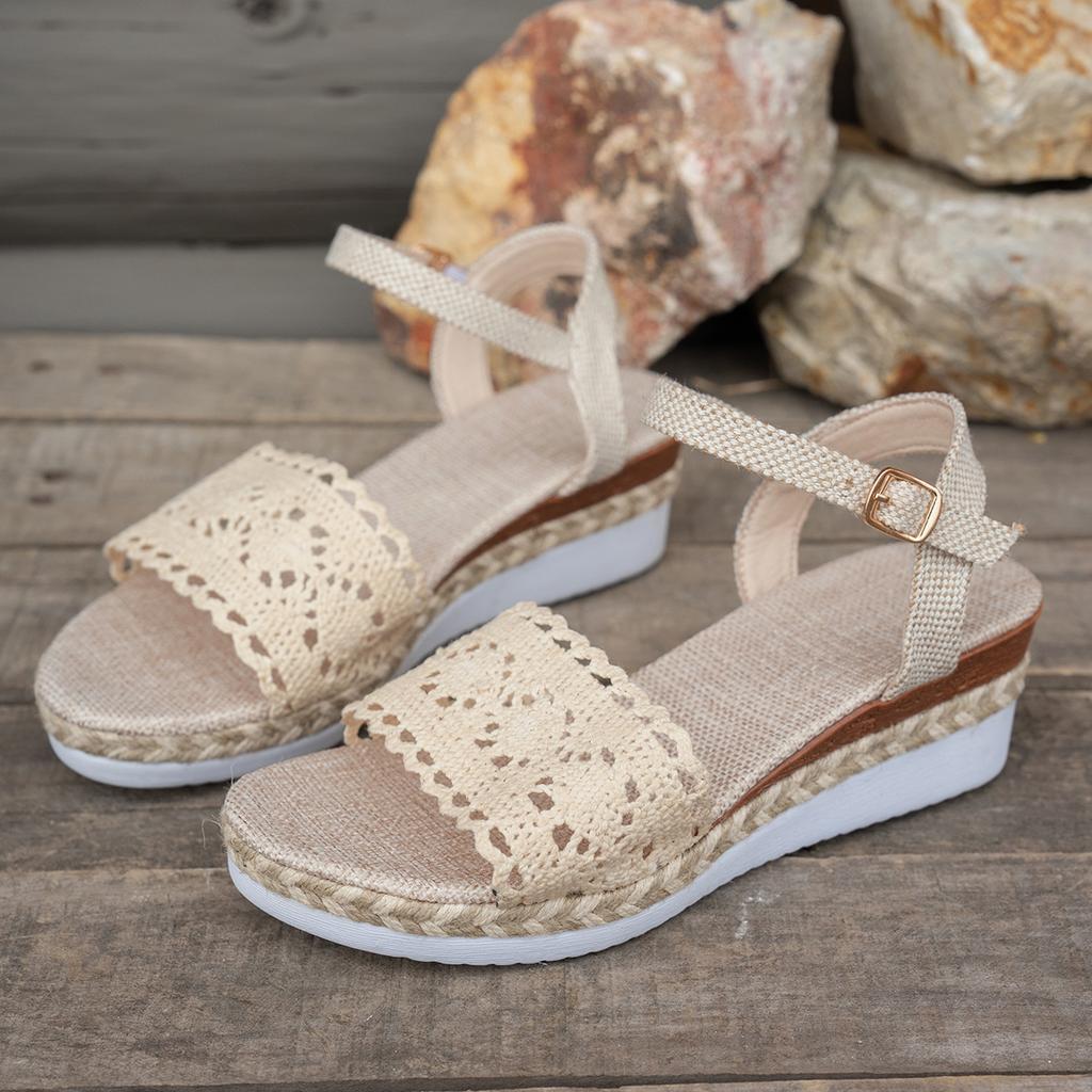Fashion Sandals Women Braided Knot Button Ankle Strap Wedge Sandals Linen Wedge Summer Elegant Heel Platform Women's Shoes