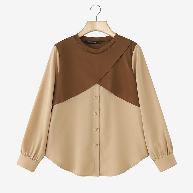 ZANZEA Women Casual Round Neck Long Sleeve Patchwork Blouse