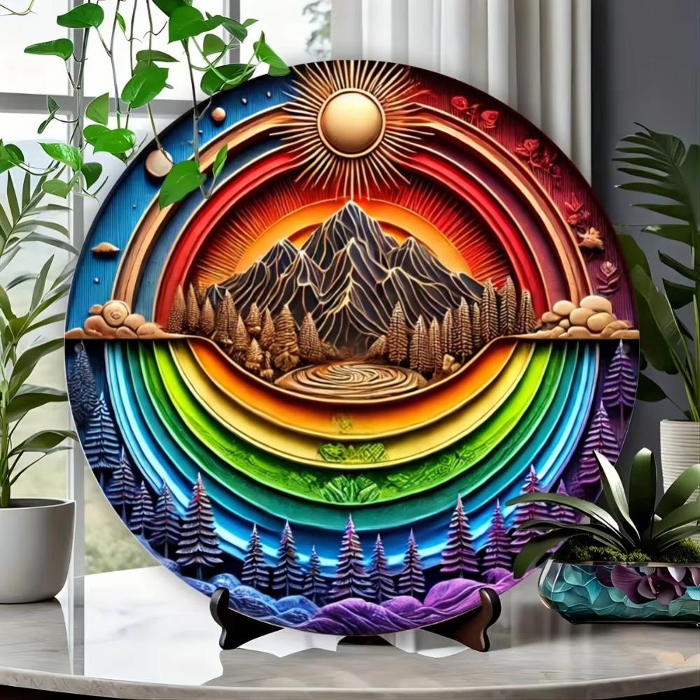 Embossed Aluminum Metal Sign Northern Lights Artwork 8x8 Inch Round Wall Decor Gift for Home Valentine