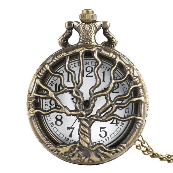 Steampunk Retro Bronze Hollow Tree of Life Quartz Pocket Watch with Fob Chain Women Watch Pendant Necklace Chain Men Gift