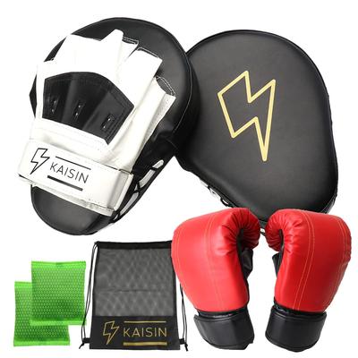 KAISIN Boxing Gloves and Mitts Set with Storage Bag [Supervised by an Active Kickboxer] (White X Black Mitts & Gloves Set)