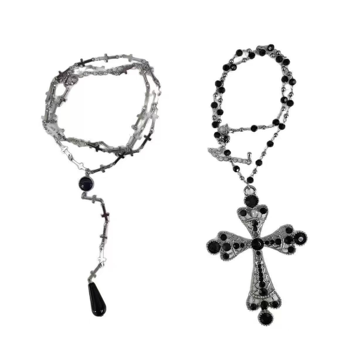 

Панк-стиль сладкие крутые девушки двойной крест ожерелье темный гот нишевый дизайн субкультура многослойная цепочка на ключицу