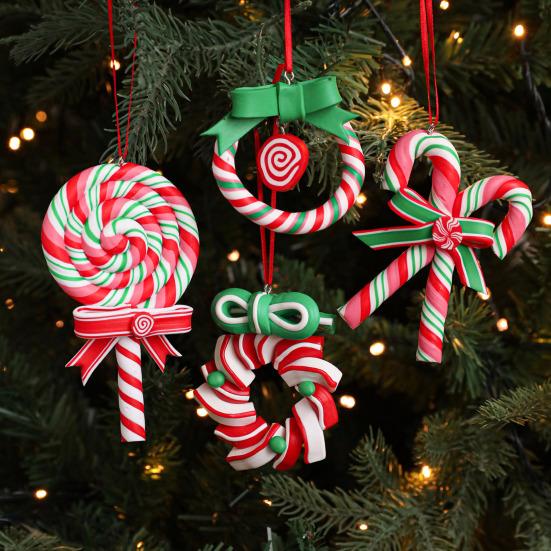 Christmas Lollipop Ornament Colorful Polymer Clay Peppermint Candy Cane Hanging Decoration Xmas Tree Holiday Party Home Decor Festival Gift