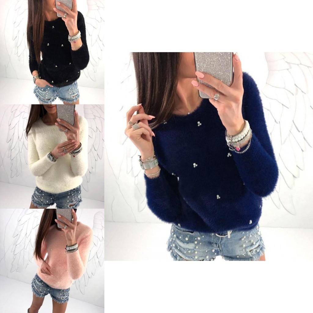 Elegant Women's Plush Beaded Sweater For Versatile Spring And Winter Wear