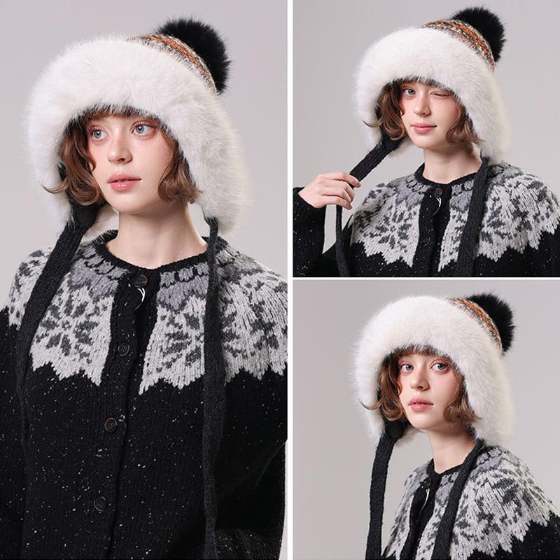 Winter Retro Big Fur Collar Fur Ball Knitted Hat Women's Outdoor Windproof Face Protection Hat