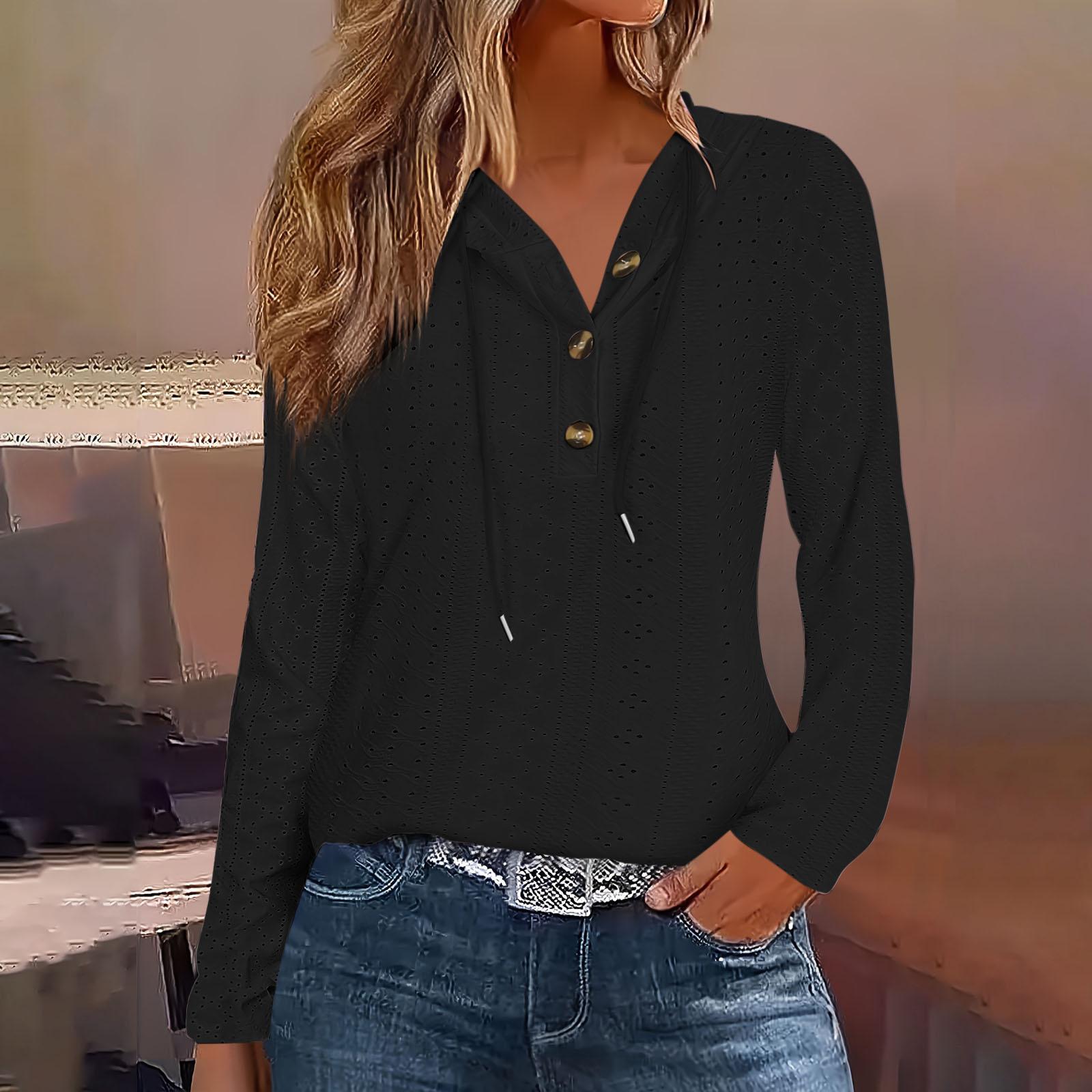 

Модный женский худи, вязаный, со шнурком, на пуговицах, с V-образным вырезом, с длинным рукавом, пуловер, повседневная футболка L чёрный