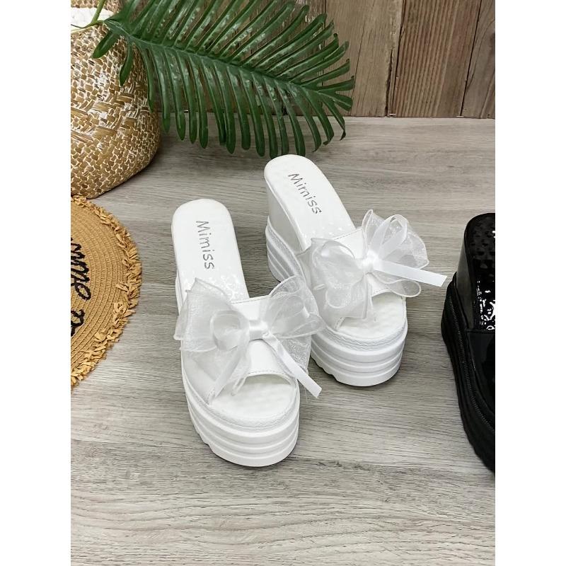 Women's Black Faux Cover Wedge Sandals with Floral Accent - 10cm Height Increase, Peep Toe, Thick Sole, Stylish Summer Platform Shoes for Casual