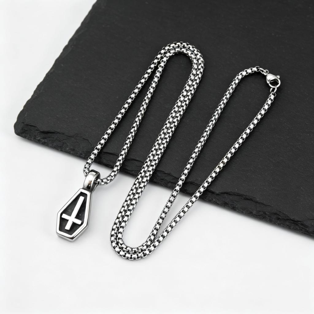 Coffin Inverted Cross Necklace for Men,Gothic Stainless Steel Antique Halloween Vintage Pendant Necklace Gift