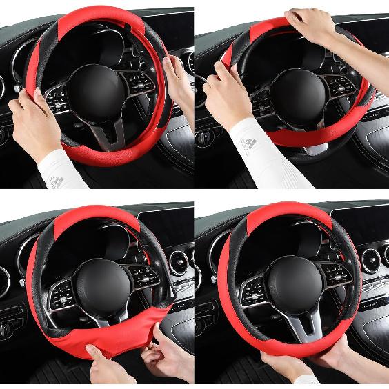 Car Steering Wheel Cover, Microfiber Leather Steering Wheel Cover Red,Universal 15 Inch Anti-Slip Comfortable Steering Wheel Covers Men Women