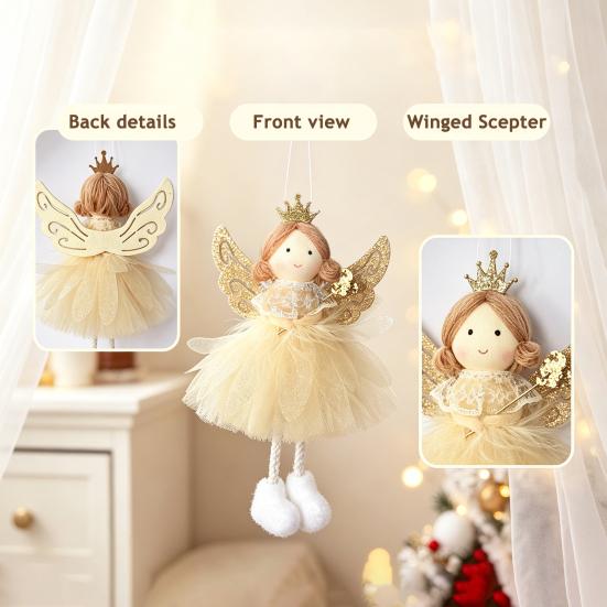Fairy Tale Ornaments Angel Doll Pendant with Lace Mesh Skirt And Glitter Wings, Decorative Elegant Party Favors Christmas Tree Hanging Ornament