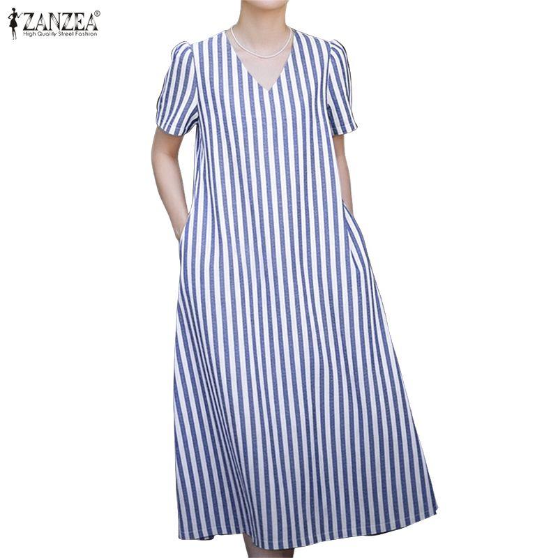 ZANZEA Γυναικείο Καθημερινό Casual Φόρεμα με V-λαιμόκοψη, Κοντό Μανίκι και Ριγέ
