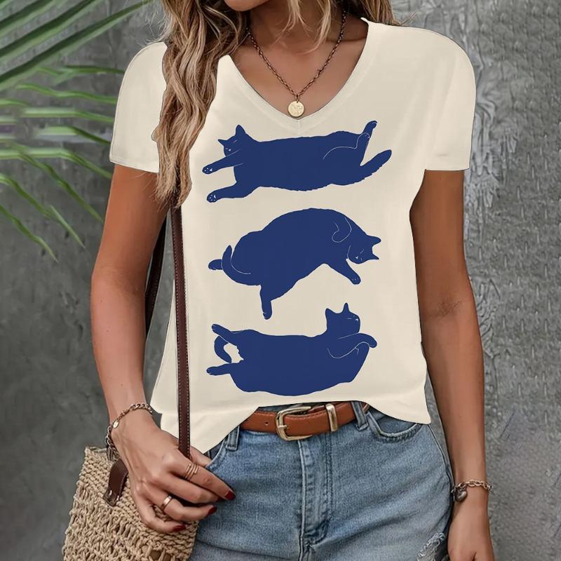 Женская одежда Футболка Летняя Свободная С коротким рукавом 3D Принт Кошка Топ Модный С V-образным вырезом Повседневная одежда Женская футболка L