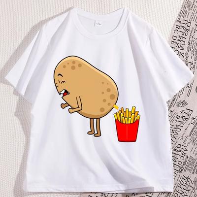 Funny Potato Fries Cartoon T Shirt Kawaii Food Humor T-shirt for Unisex Women Casual Loose Printed Tshirt Short Sleeve Clothes