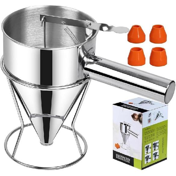 20 OZ Multifunktionaler Pfannkuchenteigspender, Mehrkalibriger Edelstahl-Trichterkuchenspender mit Ständer Großartig für Pfannkuchen, Cupcakes, Schokolade