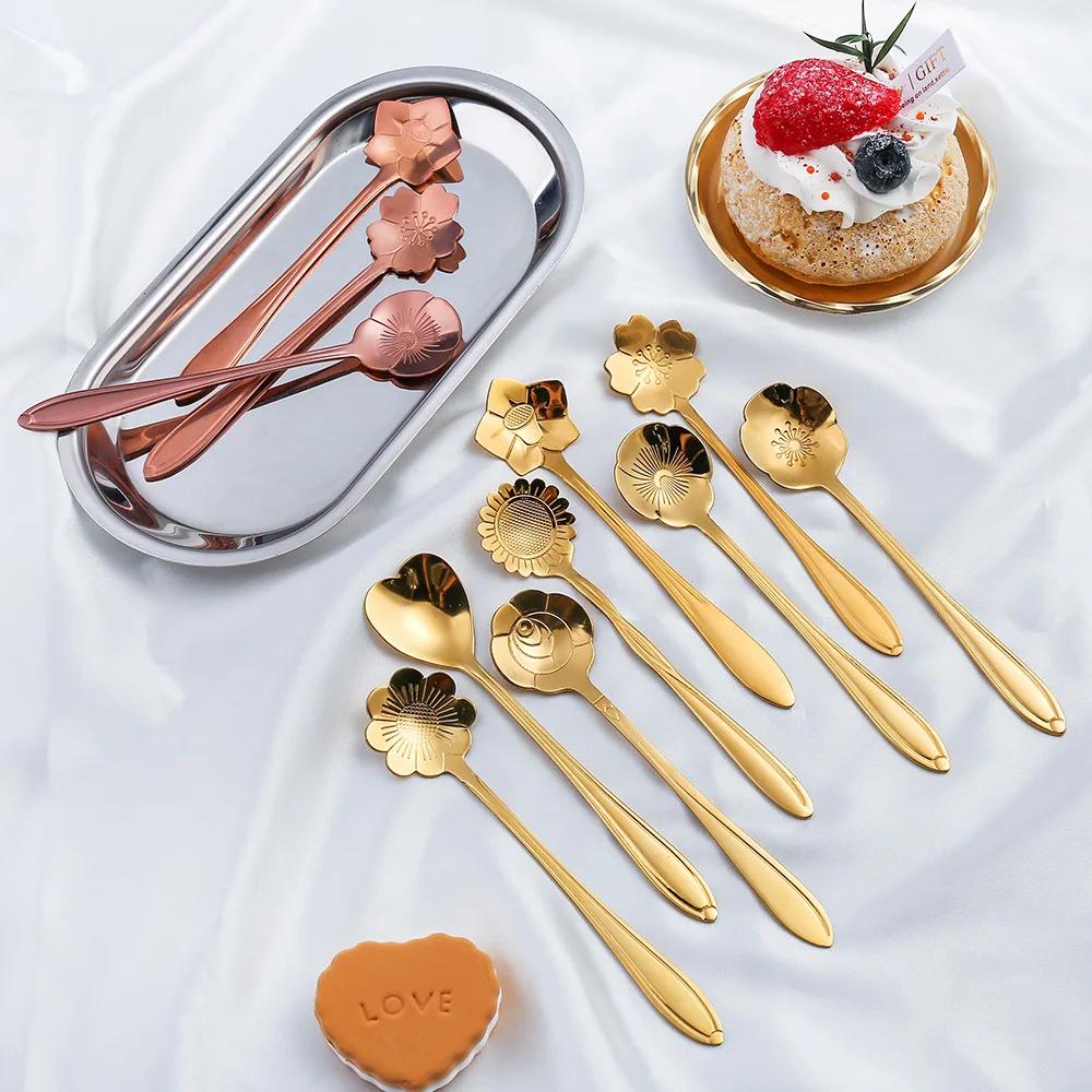 8pcs Teaspoons Set Stainless Steel Spoon Cherry Rose Gold Silver Scoop Coffee Spoon Christmas Gift Kitchen Accessories Tableware