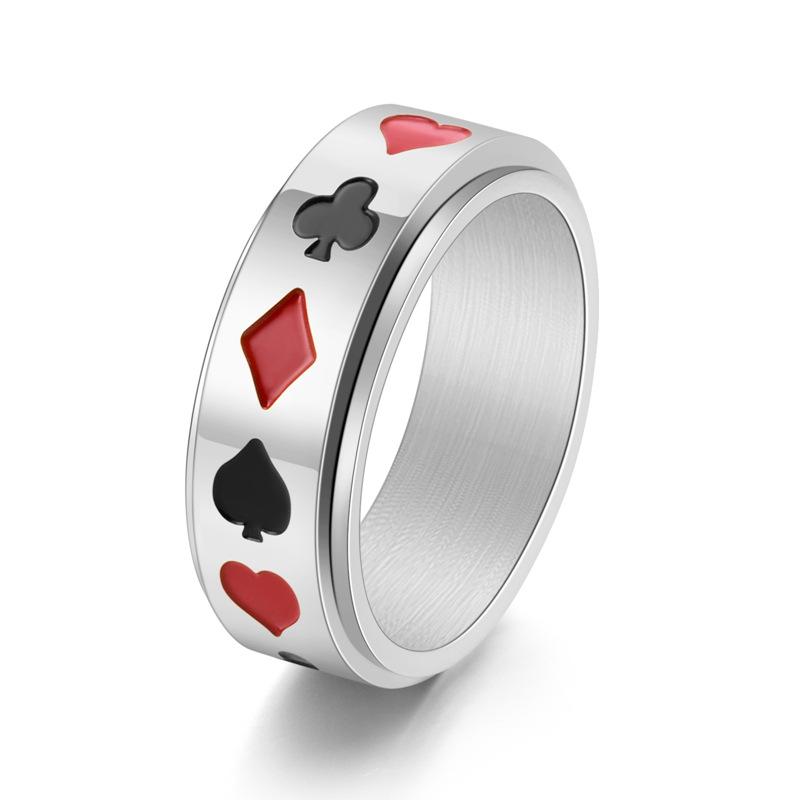 Men's Creative Poker Card Rotatable Titanium Steel Ring - Black Red Club Diamond Design