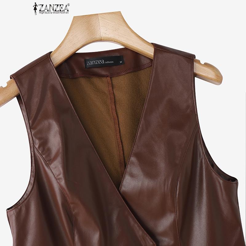 ZANZEA Damski casualowy kardigan bez rękawów z dekoltem w serek ze sztucznej skóry PU