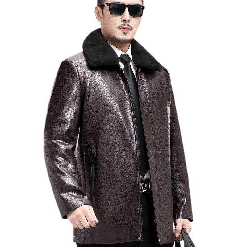 Thickened Genuine Leather Jacket for Men, Gold Mink Lining, Middle-aged Men's Nikon Jacket, Loose Sheepskin Pie Jacket