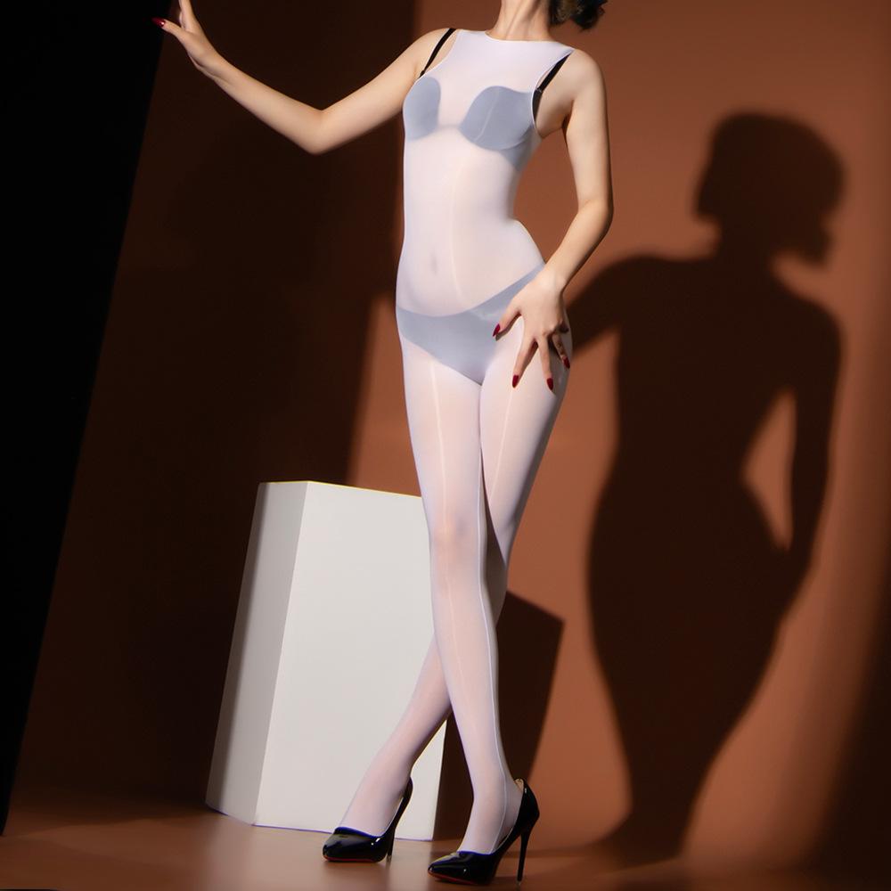 Women Sexy Full Body Stockings Vest Oil Shiny Glossy Sheer Bodysuits Open Crotch Sleeveless See Through Jumpsuits Tights Leotard