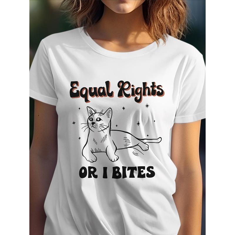 Wo White Equality Slogan Cat Line Art Graphic Tee Comfy Slight Stretch Short Sleeve Round Neck Casual TShirt for University Campus S