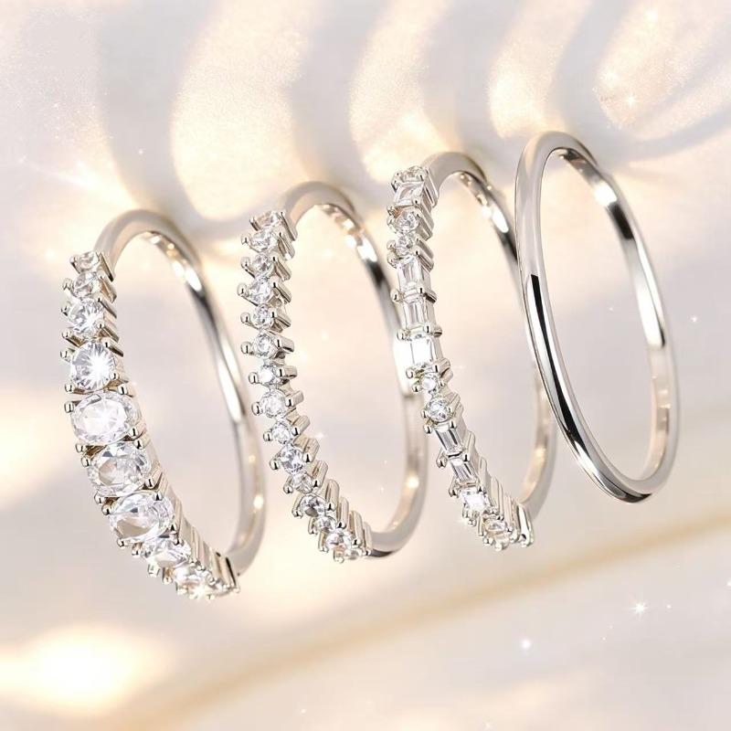 Four-piece Set of Exquisite and Elegant Timeless Silver-plated Rings, Inlaid with Sparkling Luxurious Synthetic Zircon, Perfect for Engagement and