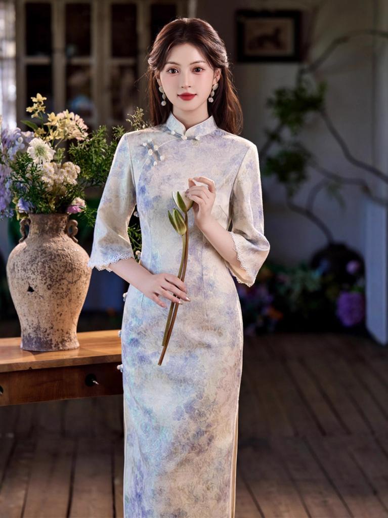 1011 autumn new cheongsam new Chinese style purple beautiful temperament girl cheongsam cold and thin women's cheongsam