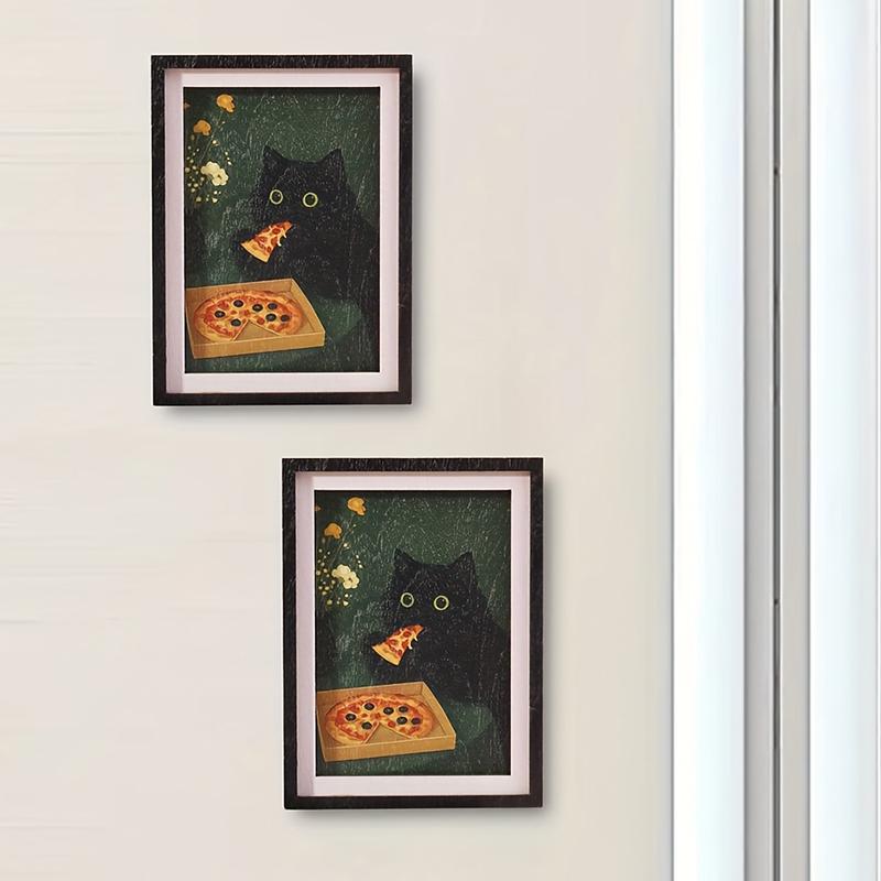 Black Cat Pizza Mini Frame Fridge Magnet Vintage Black Cat Photo Frame Art Refrigerator Fun Home Decor Exquisite Holiday Gift