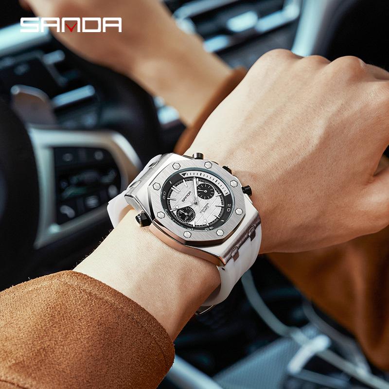 Sanda Men's Fashionable Multi-Functional Plaid Waterproof Luminous Quartz Watch