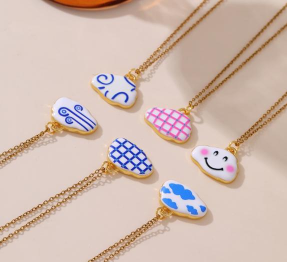 Asu Gold Plated Cartoon Cute Link Chain Cloud Graffiti Pendant Stainless Steel Necklace Gift