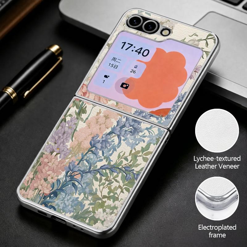 Retro Watercolor Flower Print Case For Samsung Z Flip 8 7 6 5 Luxury Plating Leather Skin Folding Phone Cover For Galaxy Z Flip8 Flip7 Flip6