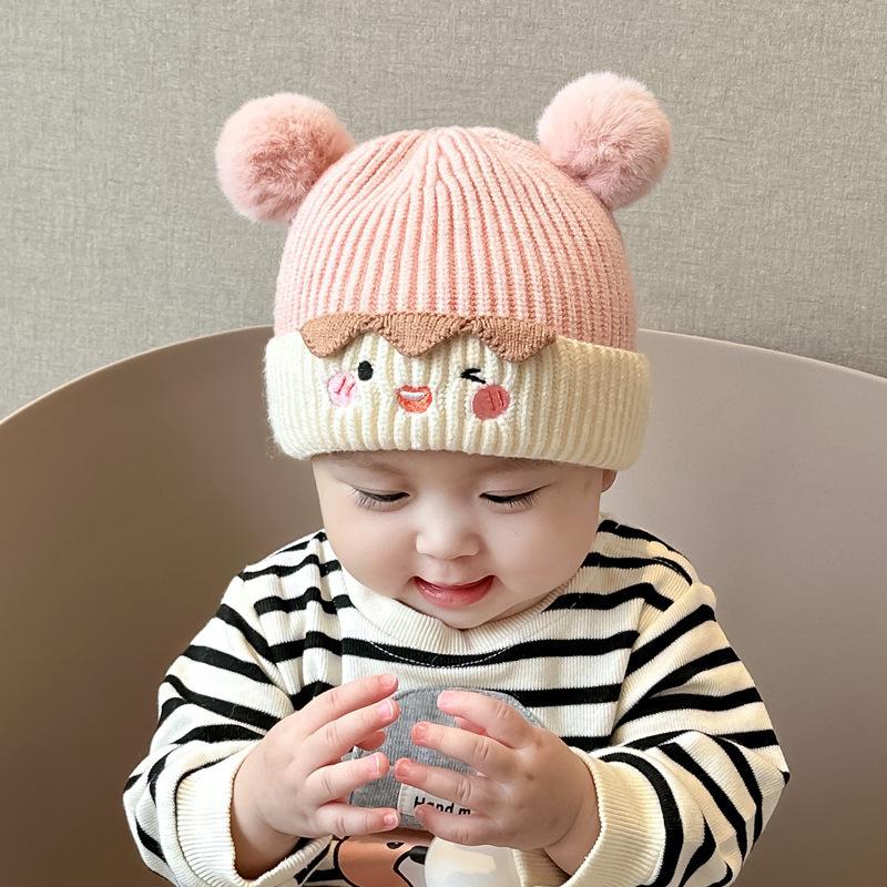 Autumn and Winter Baby Hat Hairball Pullover Hat Cute Infant Knitted Wool Thickened Ear Protectors Men and Women Super Cute