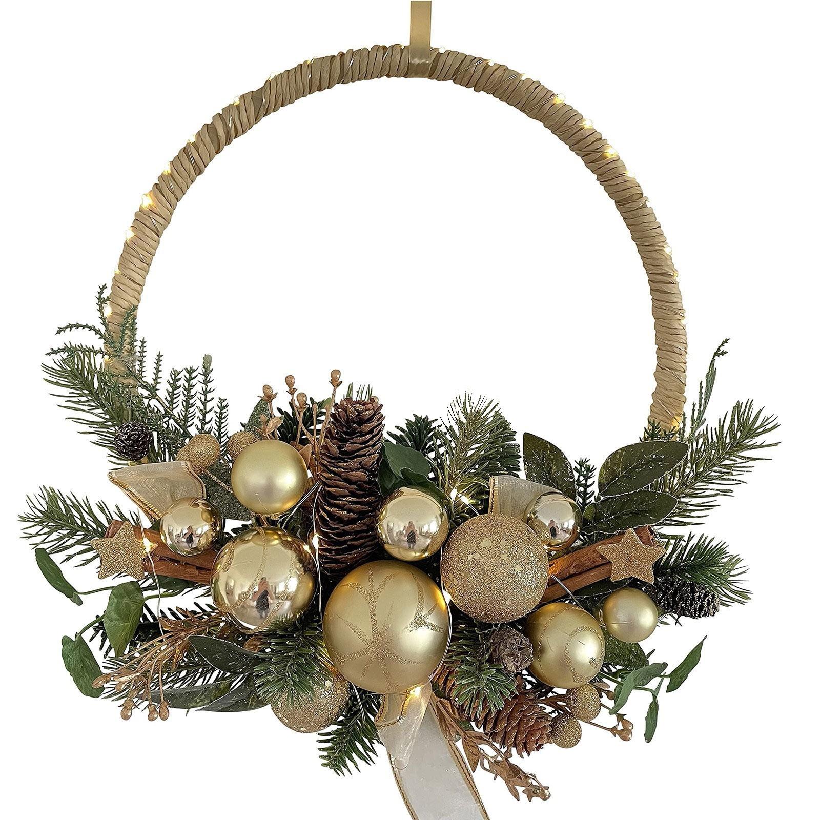

Door Wreath Christmas Wreath With LED Lights Timer And Christmas Baubles Decoration Christmas One Size золотой