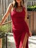 European and American new drawstring pleated side slim dress summer casual vacation style sleeveless vest skirt