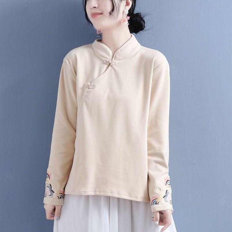 Catifea germană pe două fețe, broderie de toamnă și iarnă, cu guler în picioare, cu cataramă, pentru femei, în stil chinezesc, cămașă de rochie de ceai pentru femei