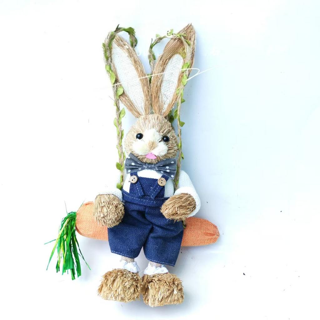Easter Bunny On Swing Handmade Woven Grass Rabbit Creative Figurine Home Decor Hanging Ornament Forest Theme Gift