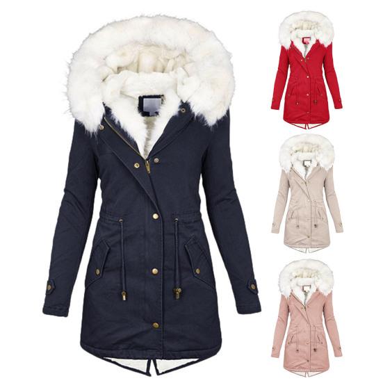 Removal Faux Fur Collar Long Sleeve Waist Drawstring Zipper Buttons Closure Back Split Pockets Women Coat Autumn Winter Hooded Fleece Lined