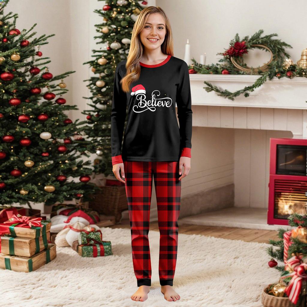 Parent Child Outfit Christmas Print Home Long Sleeved Top And Plaid Striped Trousers Set