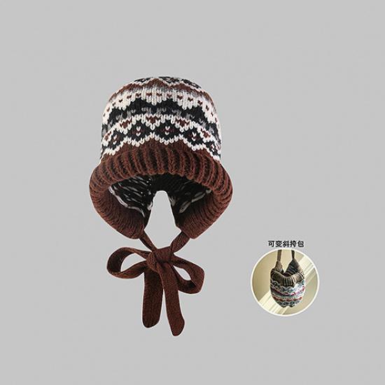 Adjustable vintage jacquard ethnic style women's autumn and winter tie-back ear-protecting knitted warm versatile beanie hat