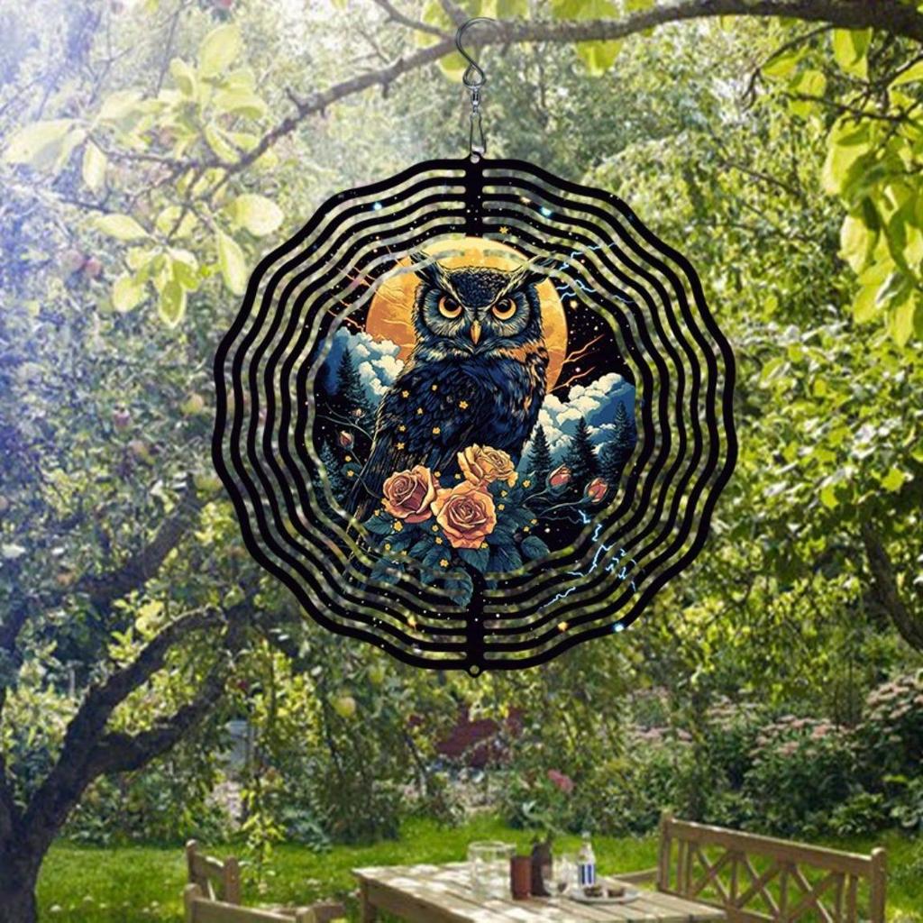 2D Metal Owl Mandala Wind Spinner for Outdoor Garden Courtyard and Home Decor Moonlight Hanging Wind Chime No Power Required Easy To Install