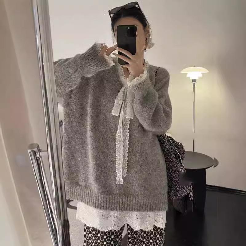 Premium sense v-neck long-sleeved knitted pullover sweater women's autumn and winter new soft waxy lace lazy wind knitted sweater