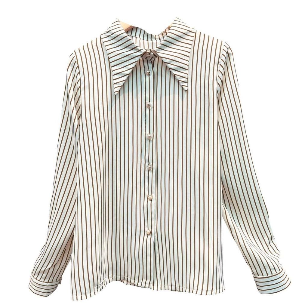 New Fashion Women's Stripe Shirt Spring/Summer Korean Long Sleeve Bottoming Blouse Turn Down Collar Top L-7XL