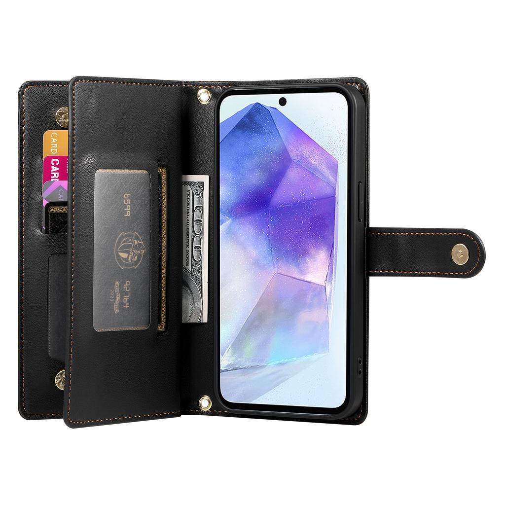 DF-011 For Samsung Galaxy A55 5G Case Zipper Pocket Leather Cover with Multiple Card Slots