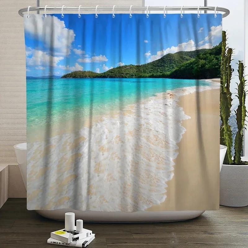 Summer Seaside Shower Curtains Ocean Beach View Coconut Trees Bath Curtain Polyester Fabric Bathroom Restroom Decor With Hooks